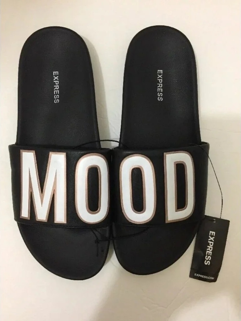 Express Black Slide Sandals with White MOOD Lettering